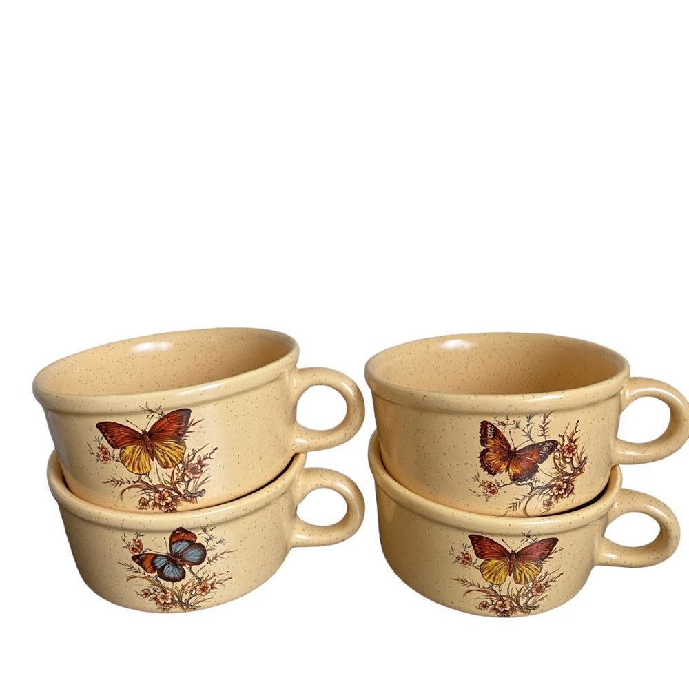 Vintage Treasure Craft 70's Kitschy Butterfly Soup Mugs Yellow Speckled 4 Mugs